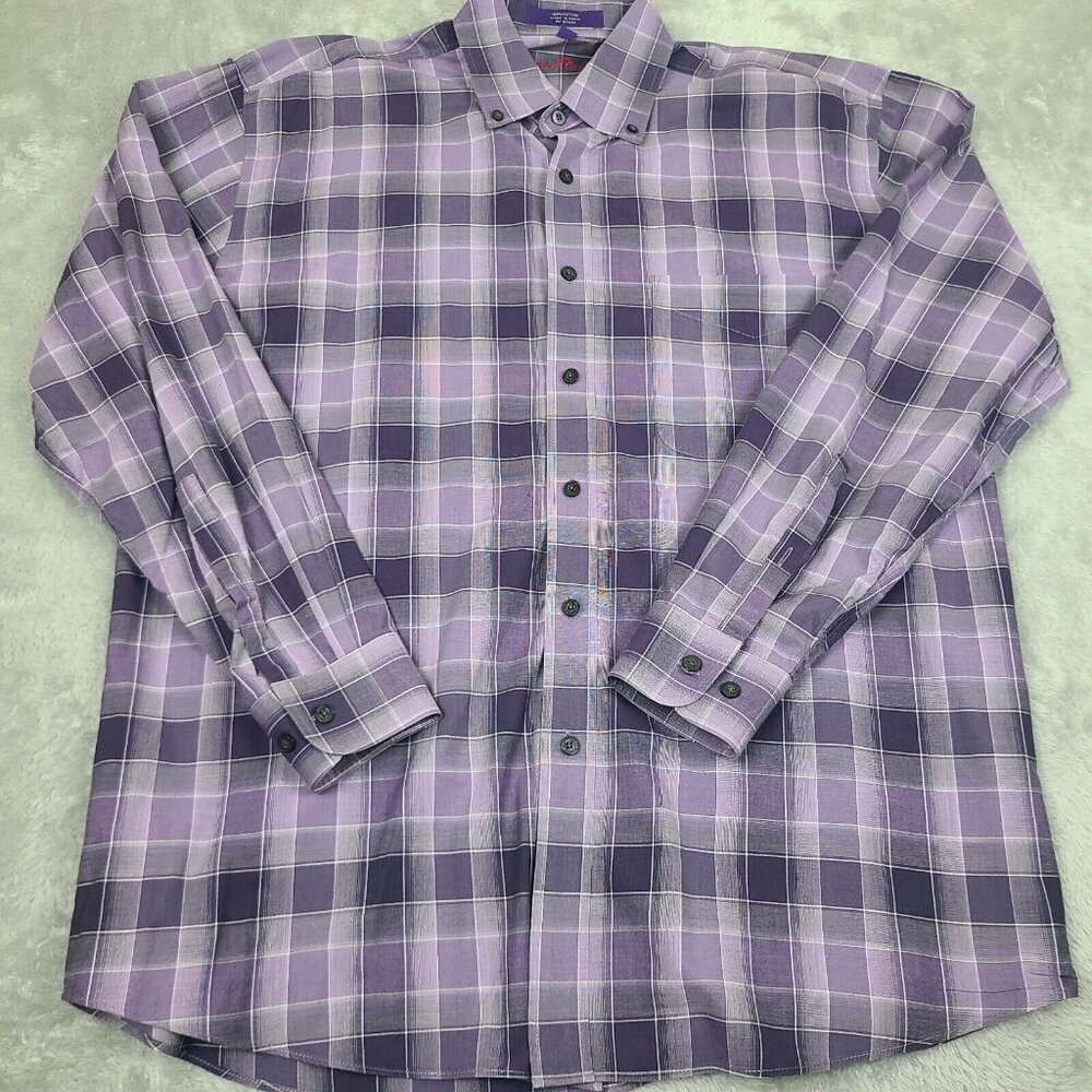 Alan Flusser Mens Medium‎ Purple Plaid Long Sleeve  Button Up Flip Cuff Shirt